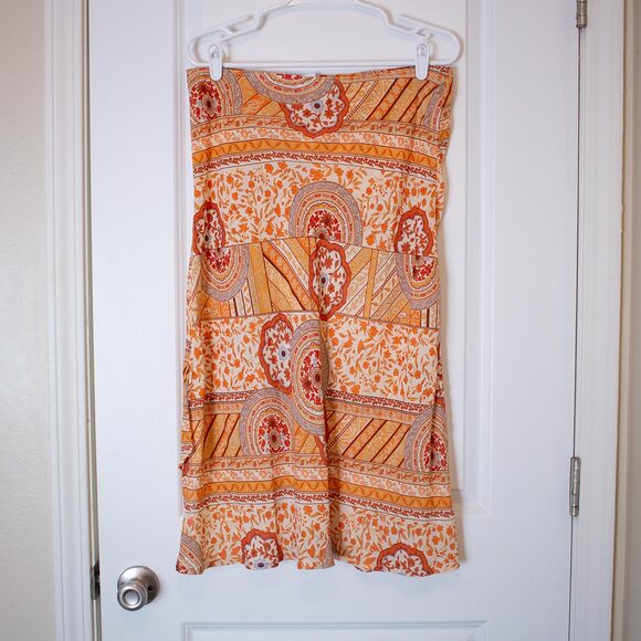 Boho Patchwork Print Midi Skirt Rust Orange Festival Tube Skirt | Soft Autumn - Picture 2 of 7